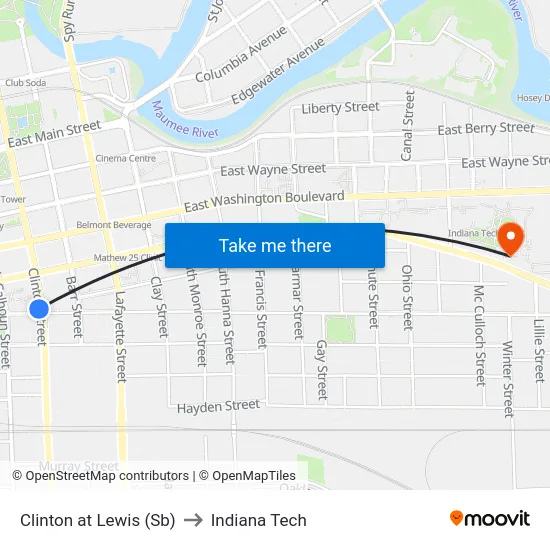 Clinton at Lewis (Sb) to Indiana Tech map