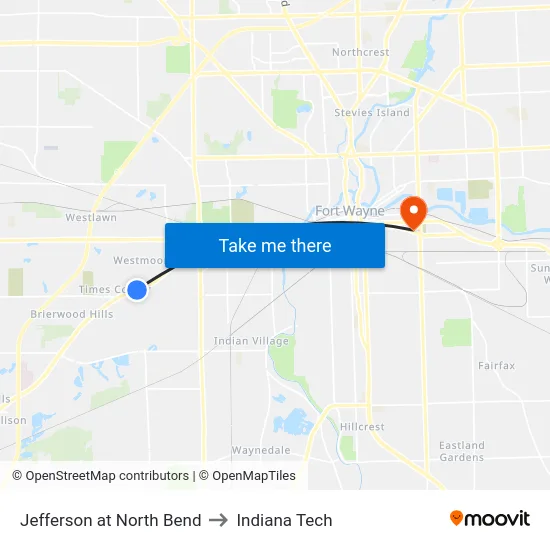 Jefferson at North Bend to Indiana Tech map