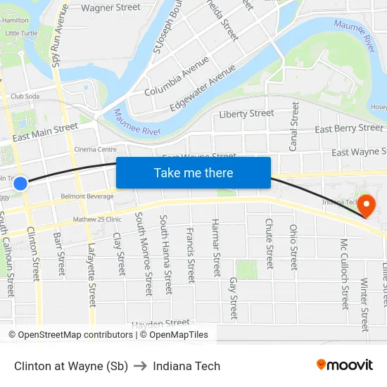 Clinton at Wayne (Sb) to Indiana Tech map