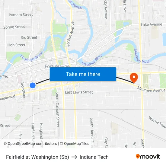 Fairfield at Washington (Sb) to Indiana Tech map