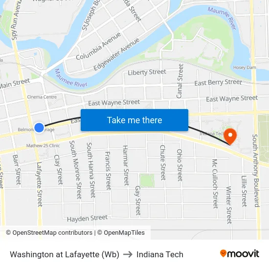 Washington at Lafayette (Wb) to Indiana Tech map