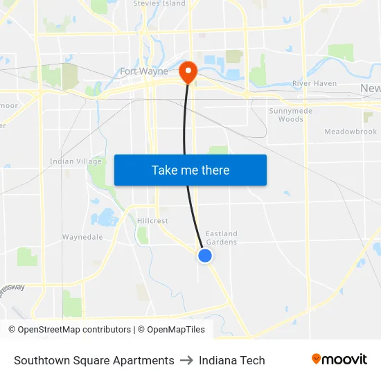 Southtown Square Apartments to Indiana Tech map