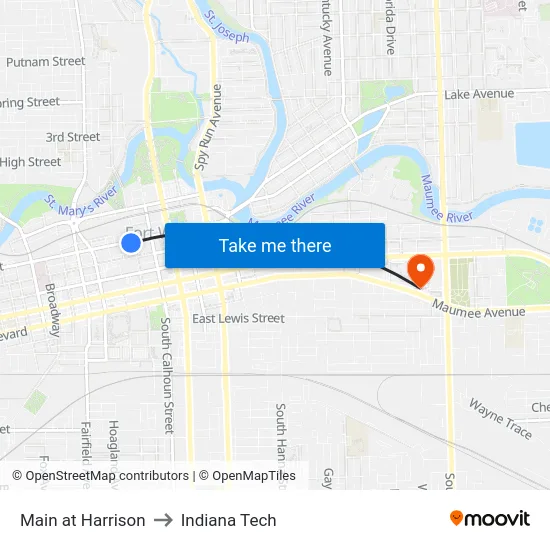 Main at Harrison to Indiana Tech map