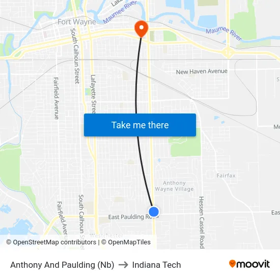 Anthony And Paulding (Nb) to Indiana Tech map