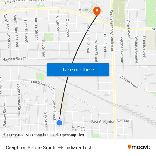 Creighton Before Smith to Indiana Tech map