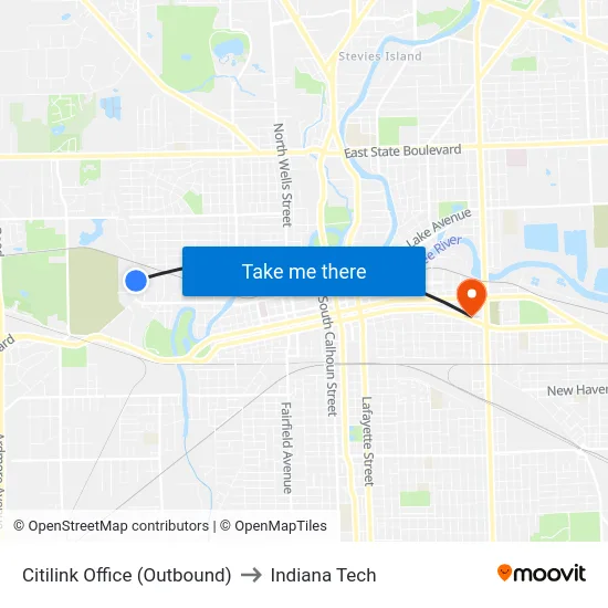 Citilink Office (Outbound) to Indiana Tech map