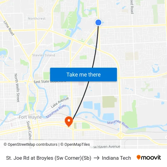 St. Joe Rd at Broyles (Sw Corner)(Sb) to Indiana Tech map