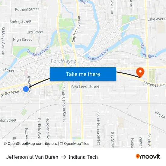 Jefferson at Van Buren to Indiana Tech map