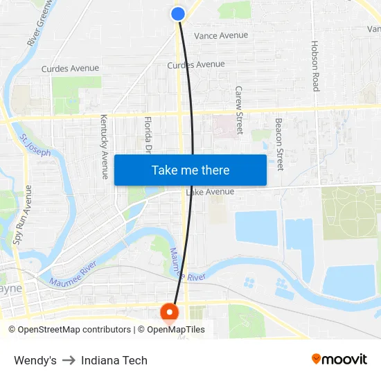 Wendy's to Indiana Tech map