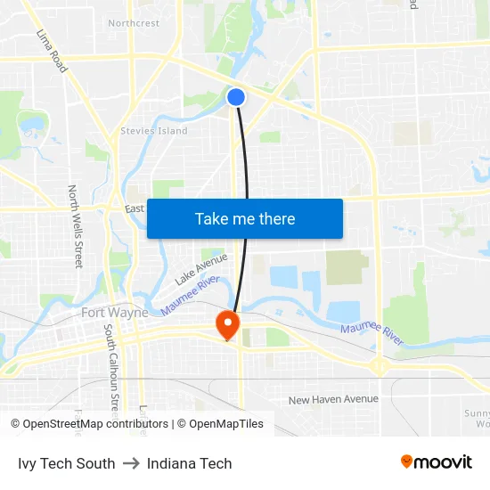 Ivy Tech South to Indiana Tech map