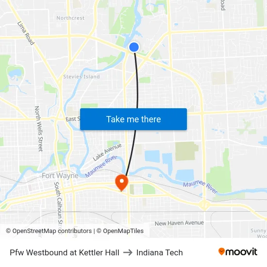 Pfw  Westbound at Kettler Hall to Indiana Tech map