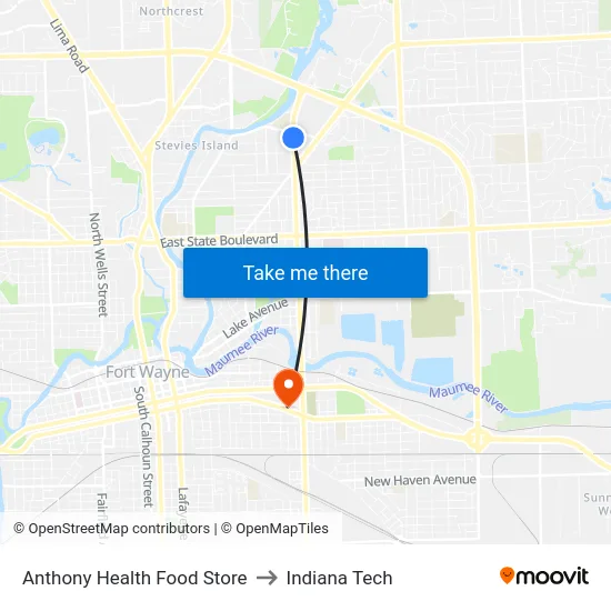 Anthony Health Food Store to Indiana Tech map