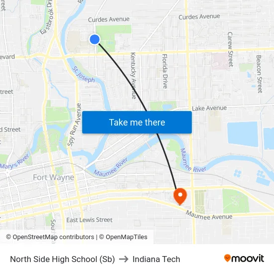 North Side High School (Sb) to Indiana Tech map