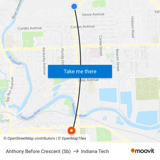 Anthony Before Crescent (Sb) to Indiana Tech map