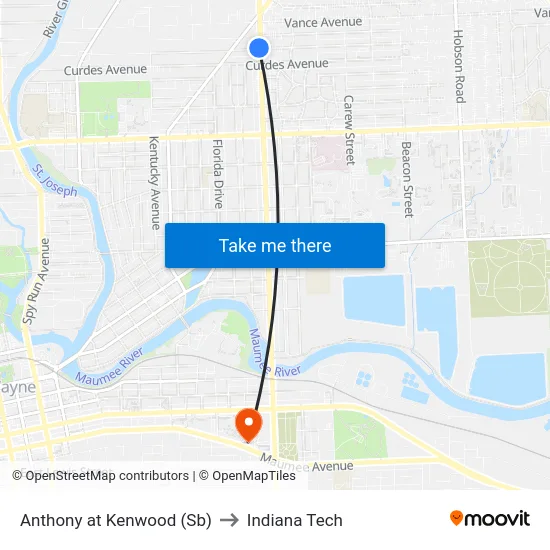Anthony at Kenwood (Sb) to Indiana Tech map
