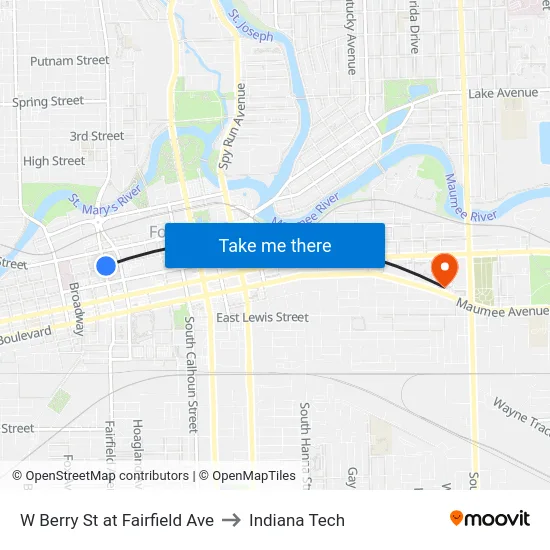 W Berry St at Fairfield Ave to Indiana Tech map
