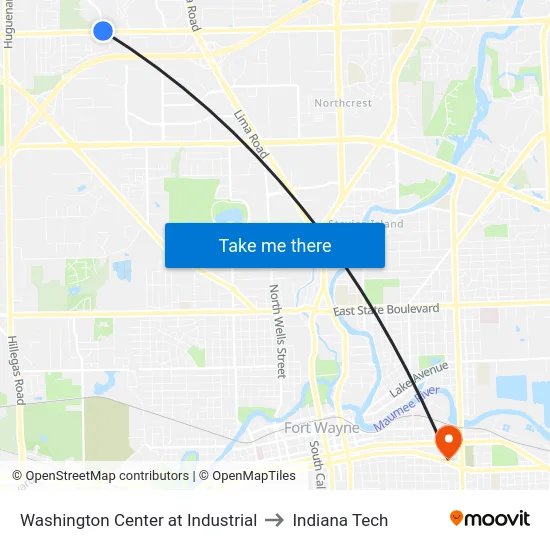 Washington Center at Industrial to Indiana Tech map