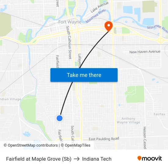 Fairfield at Maple Grove (Sb) to Indiana Tech map
