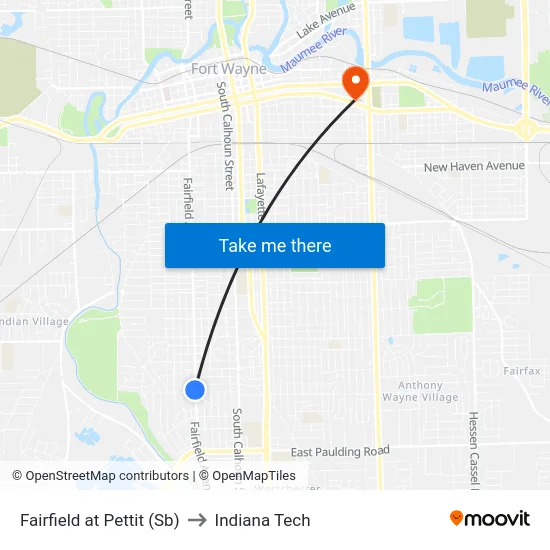Fairfield at Pettit (Sb) to Indiana Tech map