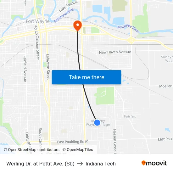 Werling Dr. at Pettit Ave. (Sb) to Indiana Tech map