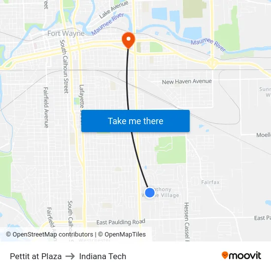 Pettit at Plaza to Indiana Tech map