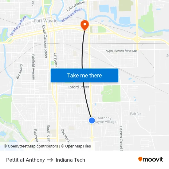 Pettit at Anthony to Indiana Tech map
