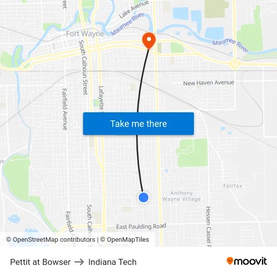 Pettit at Bowser to Indiana Tech map