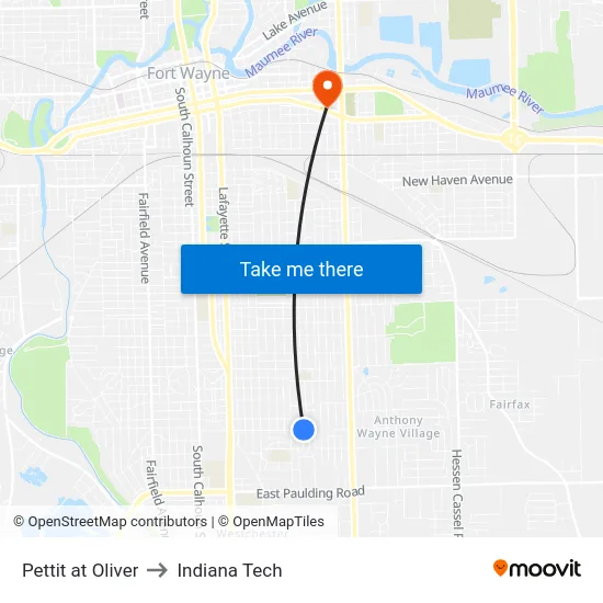 Pettit at Oliver to Indiana Tech map