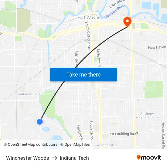 Winchester Woods to Indiana Tech map