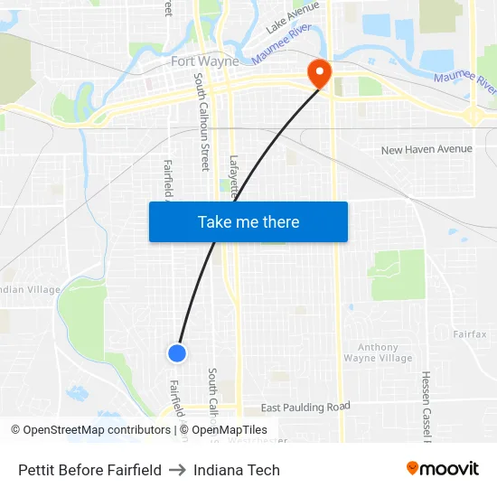 Pettit Before Fairfield to Indiana Tech map