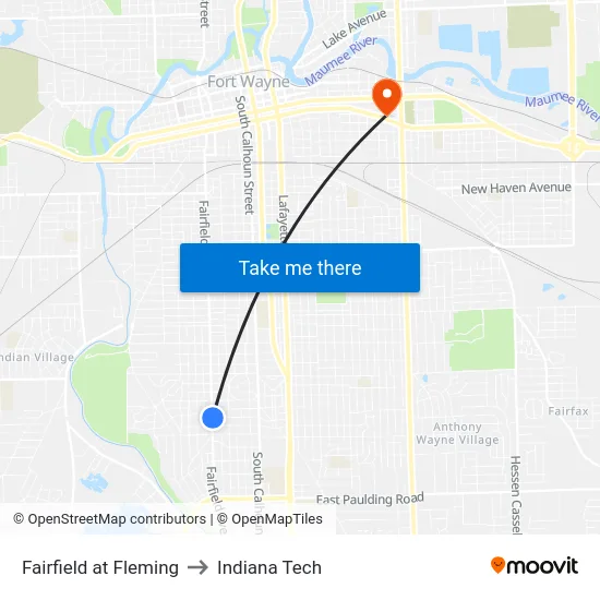 Fairfield at Fleming to Indiana Tech map