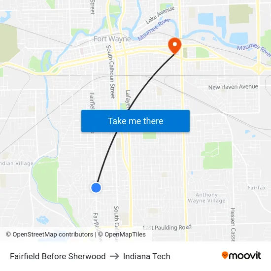 Fairfield Before Sherwood to Indiana Tech map