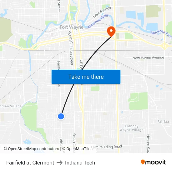 Fairfield at Clermont to Indiana Tech map