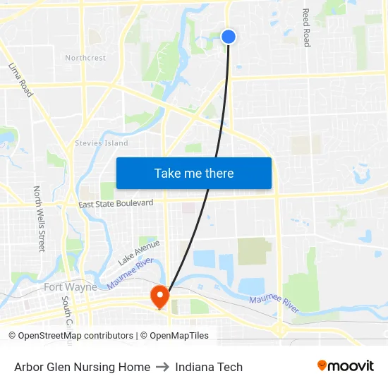 Arbor Glen Nursing Home to Indiana Tech map
