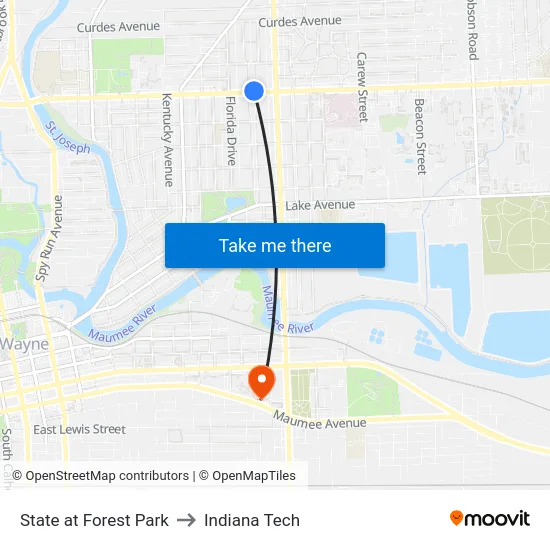 State at Forest Park to Indiana Tech map