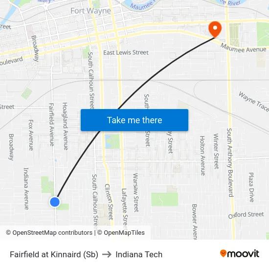 Fairfield at Kinnaird (Sb) to Indiana Tech map