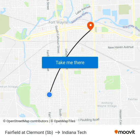 Fairfield at Clermont (Sb) to Indiana Tech map