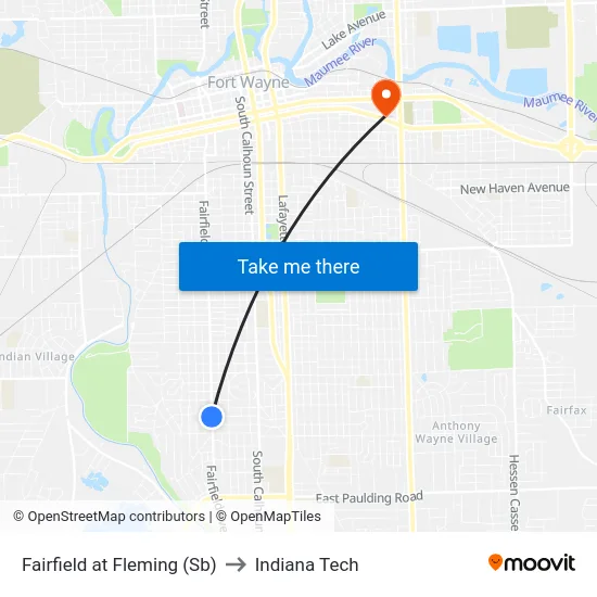 Fairfield at Fleming (Sb) to Indiana Tech map