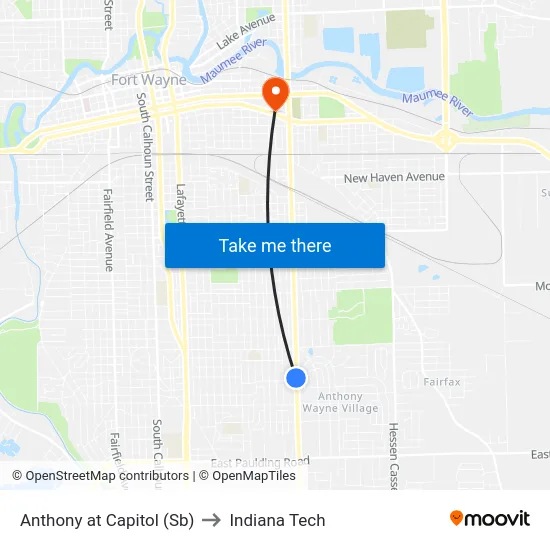 Anthony at Capitol (Sb) to Indiana Tech map