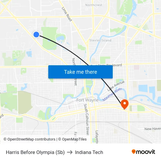 Harris Before Olympia (Sb) to Indiana Tech map