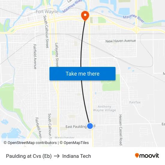 Paulding at Cvs (Eb) to Indiana Tech map