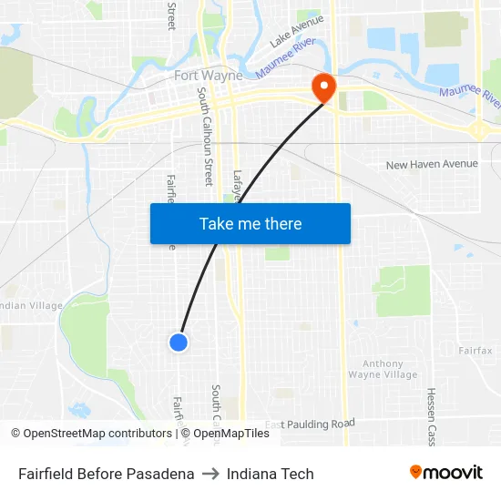 Fairfield Before Pasadena to Indiana Tech map