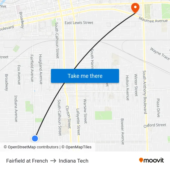 Fairfield at French to Indiana Tech map