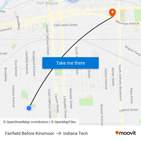 Fairfield Before Kinsmoor to Indiana Tech map