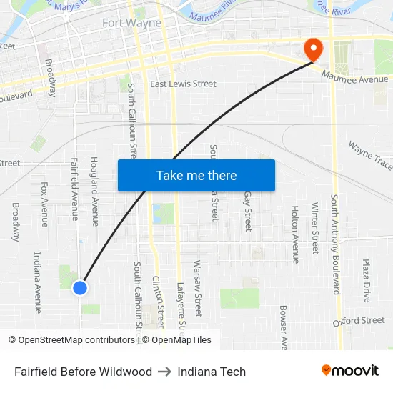 Fairfield Before Wildwood to Indiana Tech map