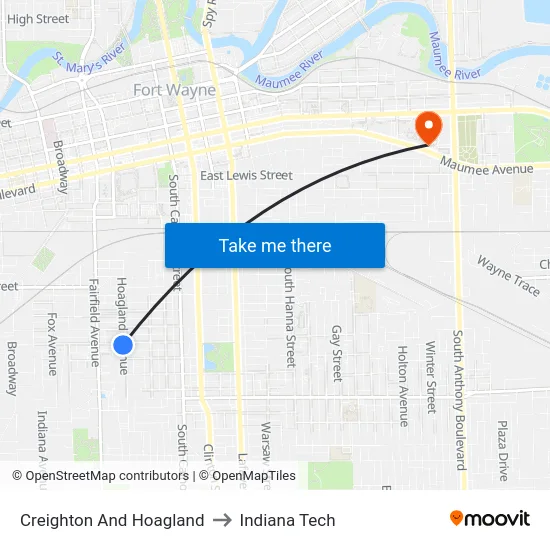 Creighton And Hoagland to Indiana Tech map
