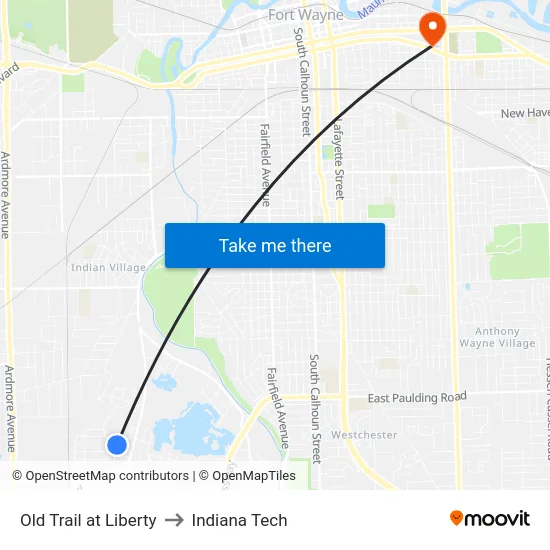 Old Trail at Liberty to Indiana Tech map