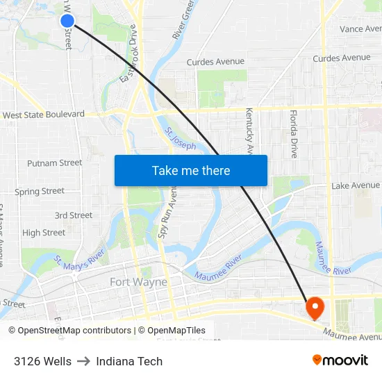 3126 Wells to Indiana Tech map