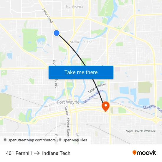 401 Fernhill to Indiana Tech map