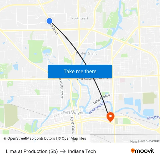 Lima at Production (Sb) to Indiana Tech map